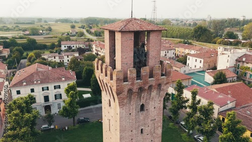 Revere, Italy. Aerial shot of the Ducal Palace. Historic city on the Po river. Mantuan village, lands of the Gonzaga family, Italian history. Famous bell tower, tourist destination.