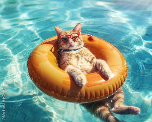 funny cat in sunglasses relax on inflatable ring in the sea. cat is swimming in the swimming pool. travel and vacation concept