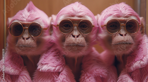 Surreal scene of three monkeys in pink fur coats and sunglasses. The whimsical and imaginative elements create a captivating and humorous aesthetic. Fantasy concept.