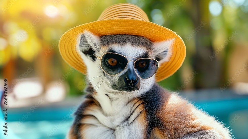 Relaxing lemur with sun hat and sunglasses on beach. Relaxing lemur with sun hat and sunglasses on beach.
