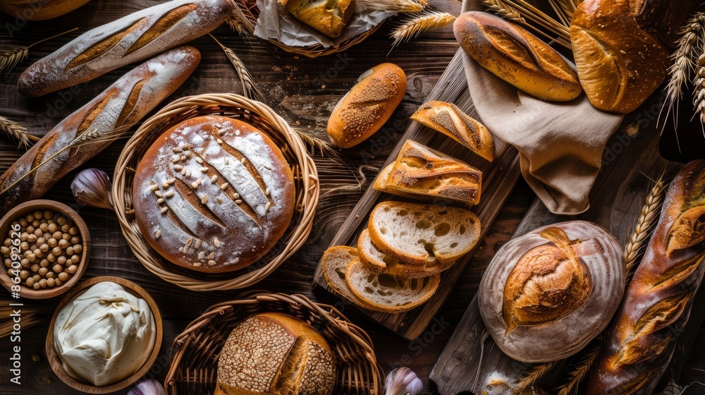 Assorted Artisan Bread on Rustic Wooden Table Assorted Artisan Bread on Rustic Wooden Table