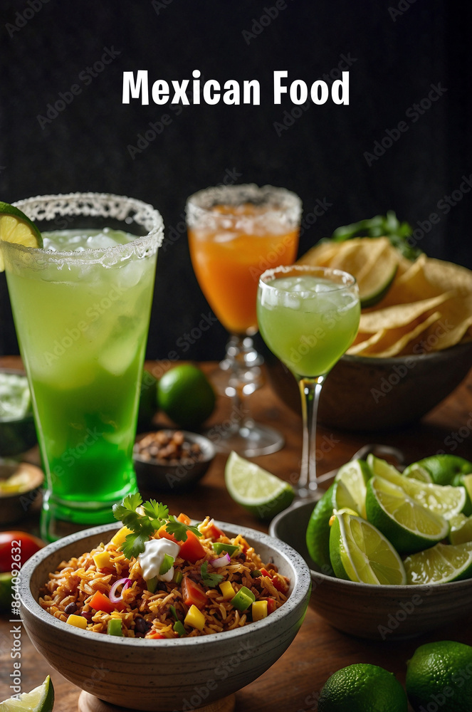 A Modern Mexican food on table next to a green margarita glass A Modern Mexican food on table next to a green margarita glass