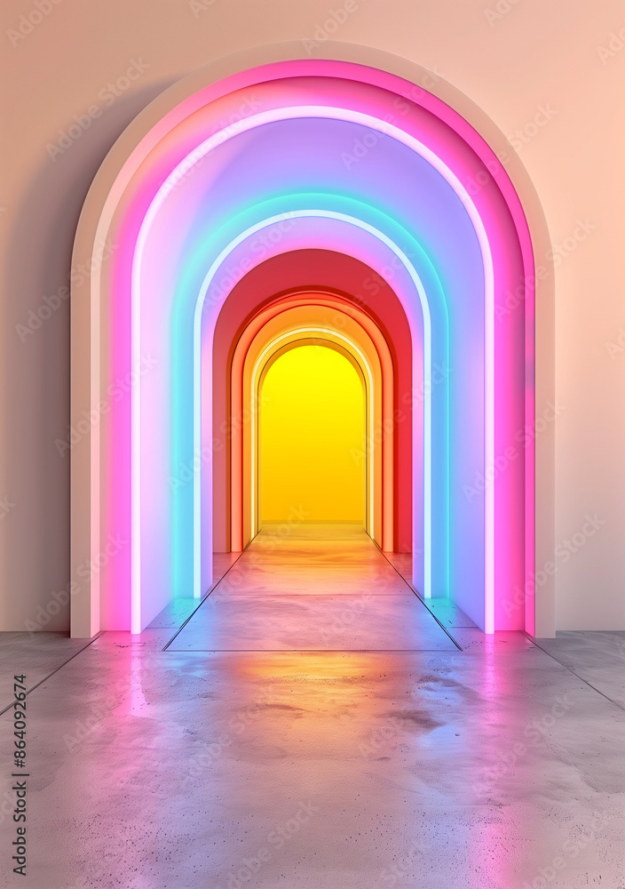 Colorful neon arches in a modern hallway creating a vibrant and surreal atmosphere. Contemporary design with bold and playful elements. Colorful neon arches in a modern hallway creating a vibrant and surreal atmosphere. Contemporary design with bold and playful elements.