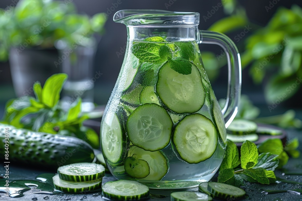 A refreshing cucumber and mint infused water in a glass pitcher, surrounded by sliced cucumbers and mint leaves. A refreshing cucumber and mint infused water in a glass pitcher, surrounded by sliced cucumbers and mint leaves.