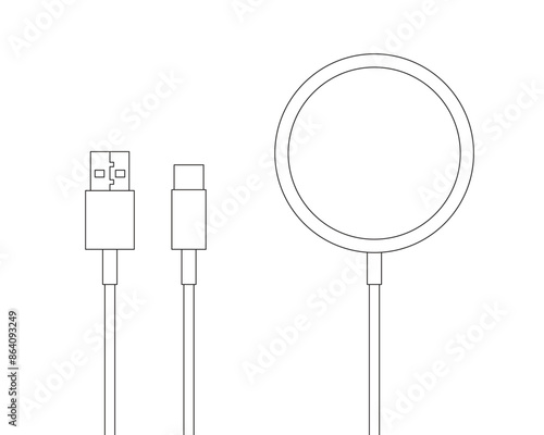Wireless charger, charging cable with USB-A and Type-C connectors, outline illustration on a white background.