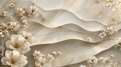 Beautiful three panel wall design, realistic hand drawn floral artwork decoration background