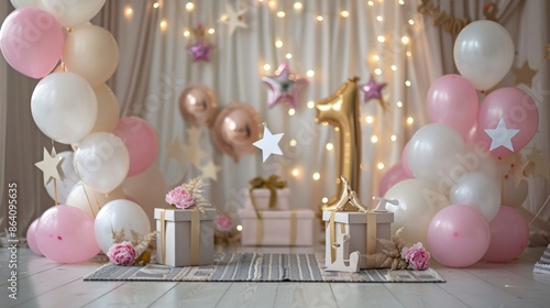 First Birthday Party Decoration with Pink and White Balloons, Stars, and Gifts