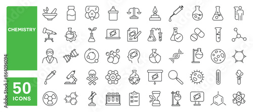 Set of 50 line icons related to chemistry, lab, science, research, biology, Editable stroke. Vector illustration