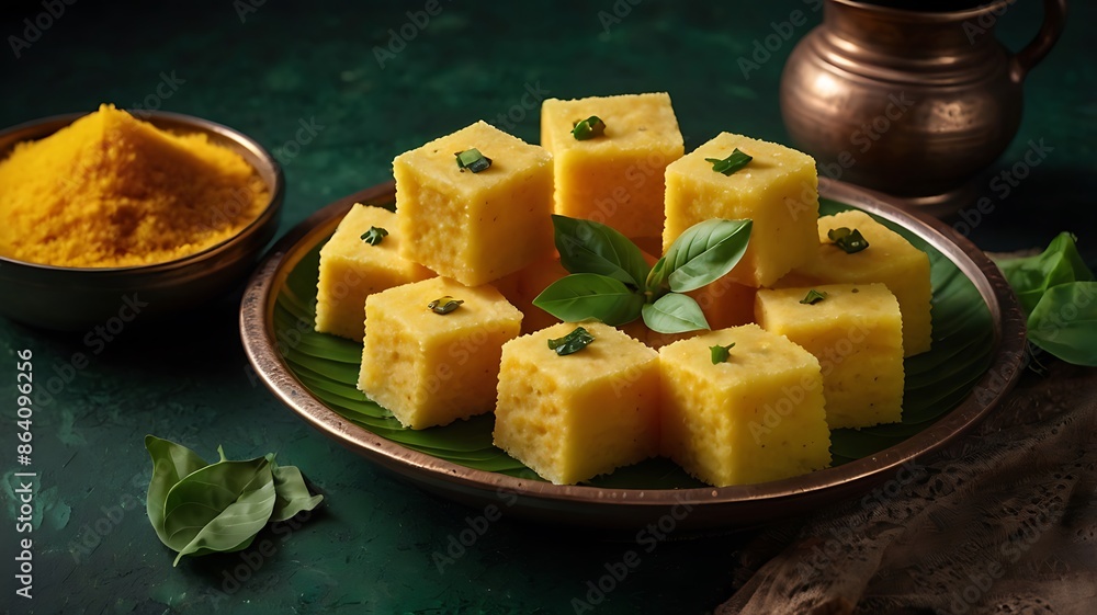Popular Indian dish Traditional Food Sev Khaman Dhokla Served With Green Chutney & Chilli Popular Indian dish Traditional Food Sev Khaman Dhokla Served With Green Chutney & Chilli