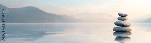 Serene lake view with a stack of balancing stones, mountains in the background, and calm waters reflecting sky. Concept of zen and tranquility.