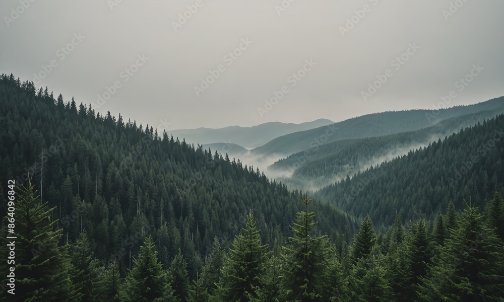 Obraz premium Misty landscape with fir forest in vintage retro style