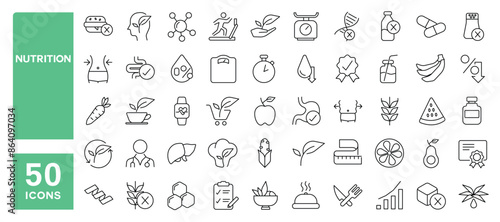 Set of 50 line icons related to nutrition, healthy food, count calories, gluten and sugar free, detox diet, Editable stroke. Vector illustration