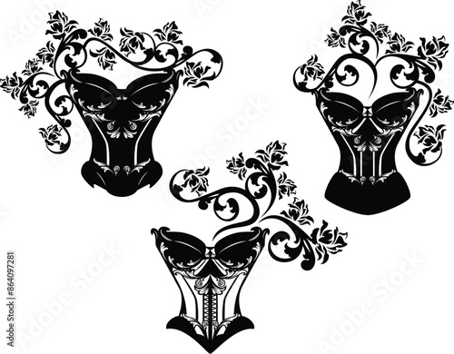 vintage style corset bra lingerie among rose flowers black and white vector design setvintage style seductive elegant bra corset lingerie decorated with blooming rose flowers - woman luxurious underwe