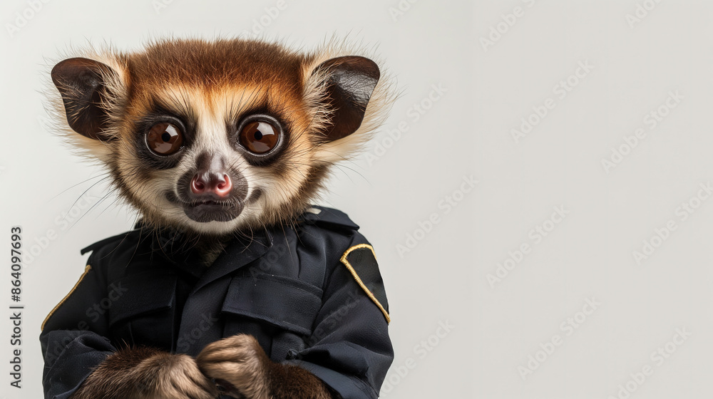 slow loris wearing a police uniform, on a white background, funny working animals in law enforcement slow loris wearing a police uniform, on a white background, funny working animals in law enforcement