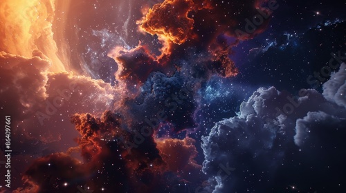 Cosmic Clash: Vivid Interstellar Clouds and Starry Sky