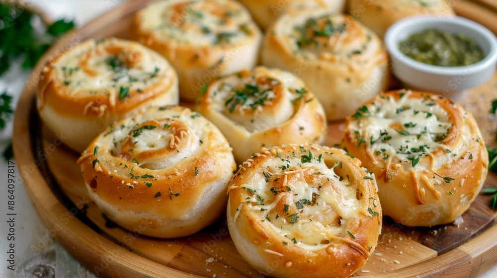 Freshly Baked Garlic Herb Cheese Rolls on Wooden Board Freshly Baked Garlic Herb Cheese Rolls on Wooden Board