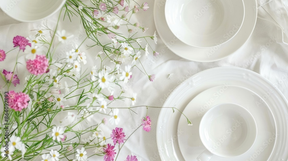 White dishes and pink wildflowers creating interior theme White dishes and pink wildflowers creating interior theme