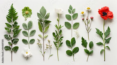 Botanical art featuring a collection of leaves and flowers, on white background