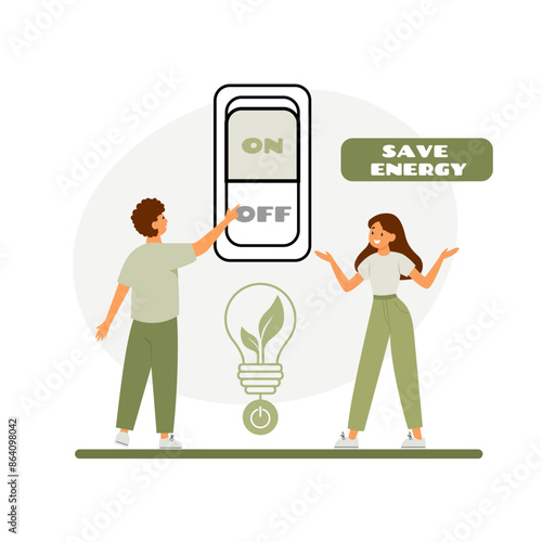 Man turn off the switch button for saving energy. Power icon. Lightbulb with green growth inside