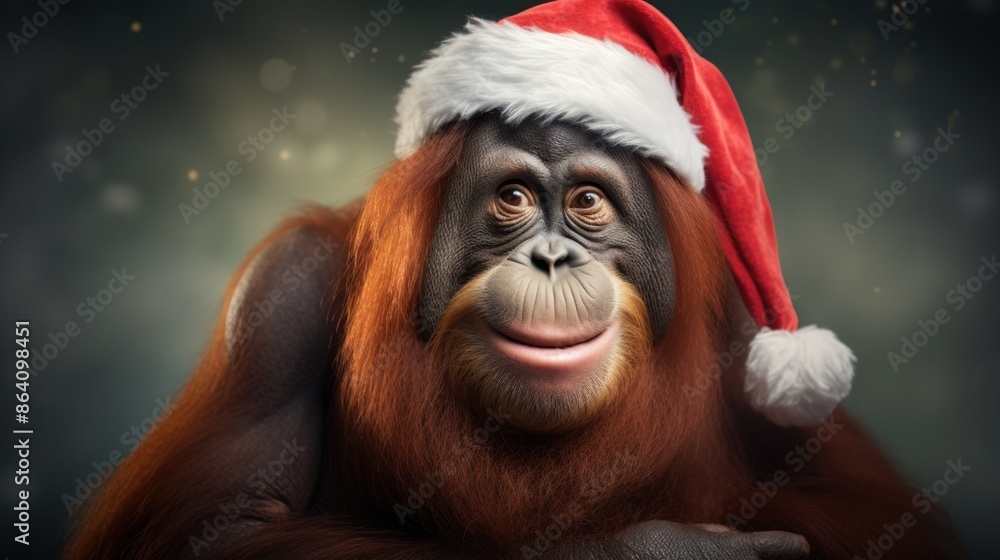 Portrait of a orangutan in Santa hat. Christmas background. Portrait of a orangutan in Santa hat. Christmas background.