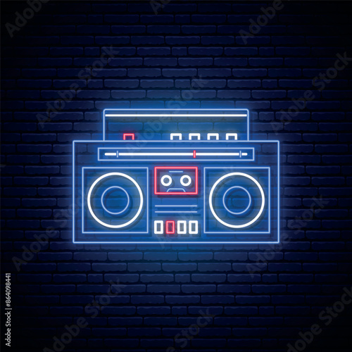 Neon tape recorder sign. Bright tape recorder icon in retro neon style. Bright light signboard. Vector illustration.