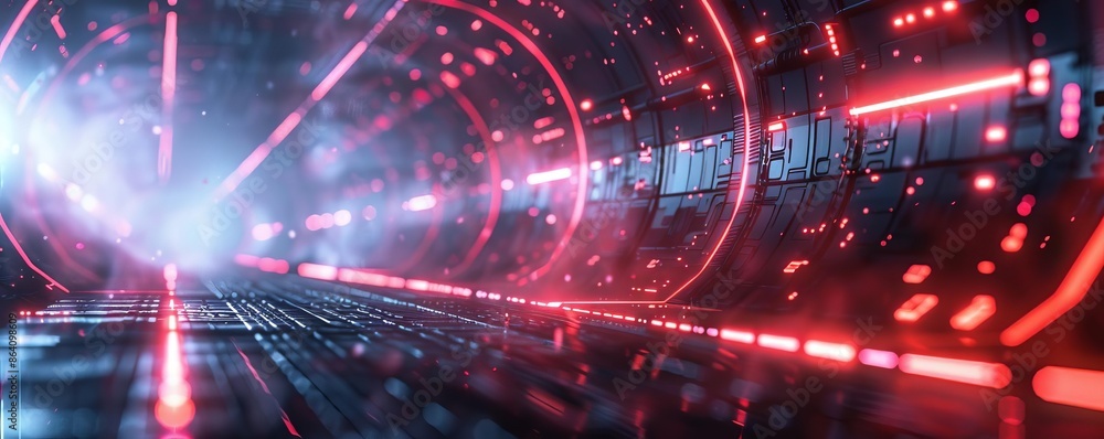 Obraz premium Futuristic landscape with sleek design, neon lights, hightech, digital rendering