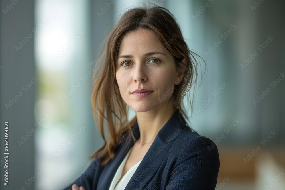 confident businesswoman portrait in muted tones sharp suit determined gaze soft focus background suggests modern office professional aura with subtle feminine touches confident businesswoman portrait in muted tones sharp suit determined gaze soft focus background suggests modern office professional aura with subtle feminine touches