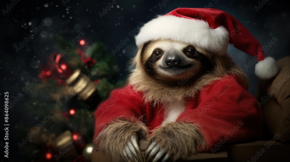 Portrait of a sloth in Santa hat. Christmas background. Portrait of a sloth in Santa hat. Christmas background.