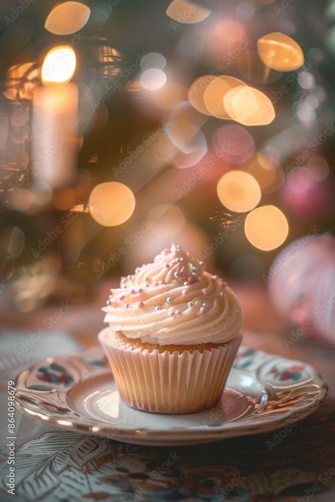 A beautifully frosted cupcake on a decorative plate, with a softly blurred background of a dessert table. 