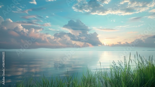 Serene Lakeside Sunset with Fluffy Clouds and Gentle Waters