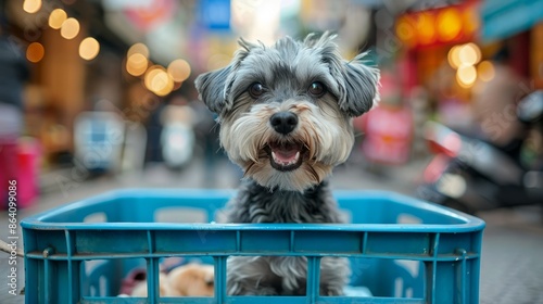 Fototapeta Naklejka Na Ścianę i Meble -  Happy dog sitting in a blue crate on a busy street