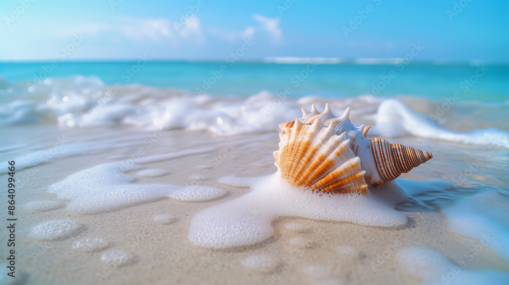 A close-up of a conch shell resting on wet sand as gentle waves and foam wash over it. The turquoise ocean and clear blue sky create a serene beach scene in the background A close-up of a conch shell resting on wet sand as gentle waves and foam wash over it. The turquoise ocean and clear blue sky create a serene beach scene in the background