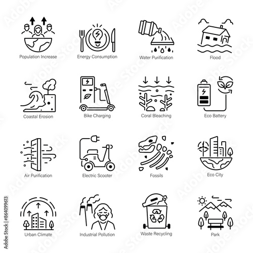 Pack of Natural Disasters and Sustainability Line Style Icons 