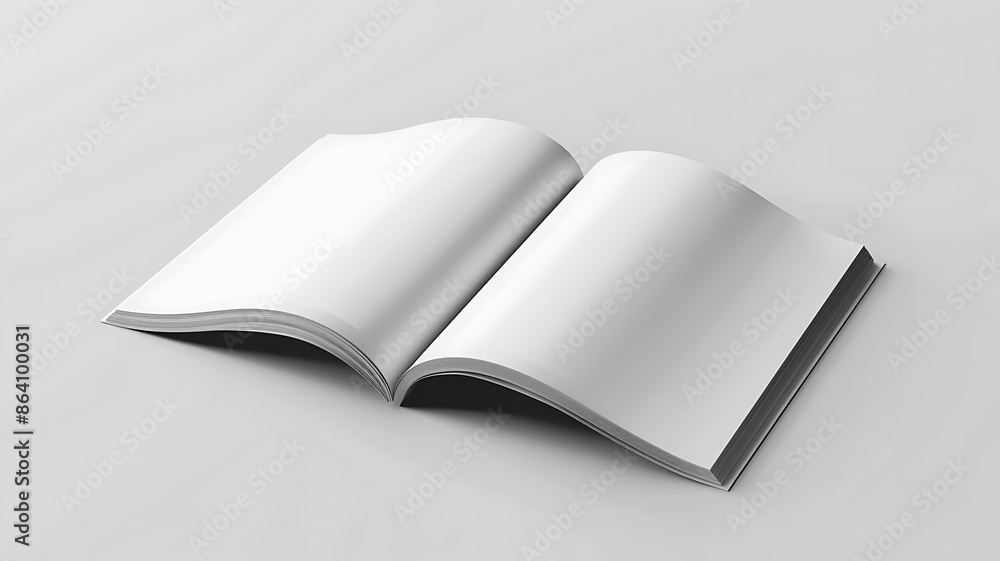Open blank mockup magazine with white pages in white studio Open blank mockup magazine with white pages in white studio