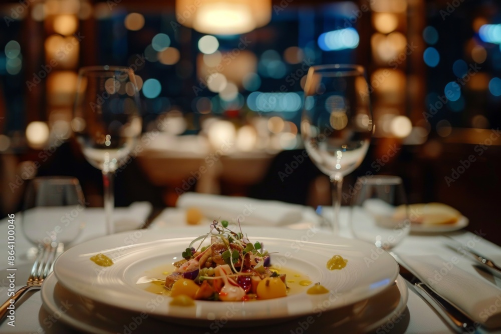 A beautifully plated gourmet dish, with a softly blurred background of a restaurant interior, showing dim lighting, other tables, and patrons dining. A beautifully plated gourmet dish, with a softly blurred background of a restaurant interior, showing dim lighting, other tables, and patrons dining.