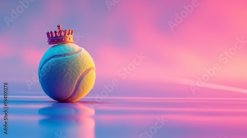 Tennis Ball with Crown on Reflective Surface at Sunset