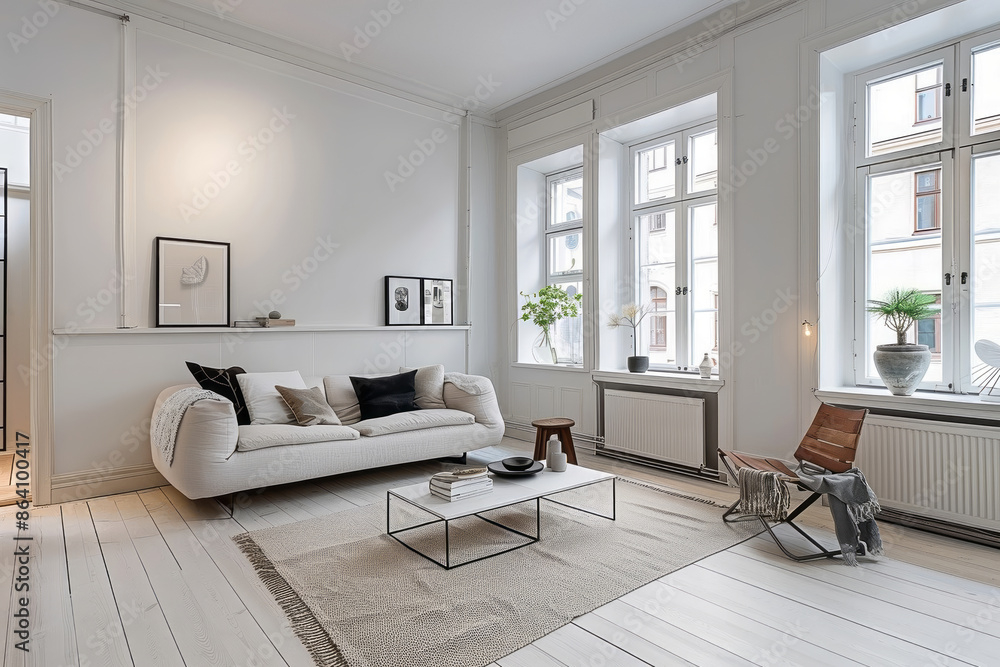 Elegant minimalistic Scandinavian living room featuring modern furniture, large windows, sofa and stylish artwork decor creating a serene and cozy atmosphere Elegant minimalistic Scandinavian living room featuring modern furniture, large windows, sofa and stylish artwork decor creating a serene and cozy atmosphere