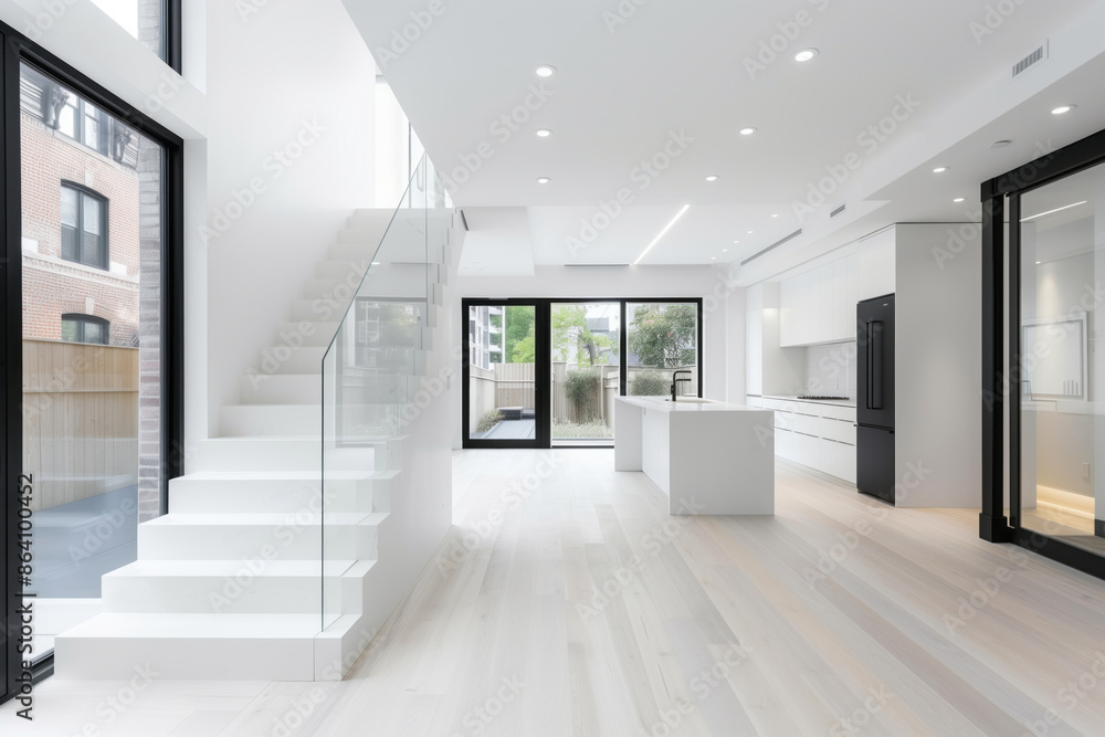 Fototapeta premium A white minimalist interior featuring a sleek staircase with glass railings, large windows showcasing modern architectural design and elegance
