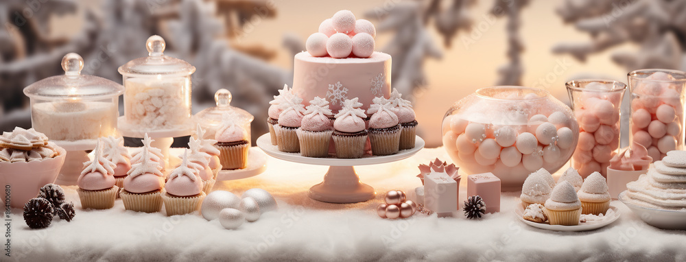generated illustration of white wedding cake decorated by flowers standing of festive table with deserts. generated illustration of white wedding cake decorated by flowers standing of festive table with deserts.