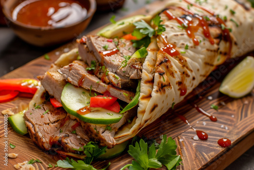 Delicious beef shawarma wrap with fresh vegetables and sauces