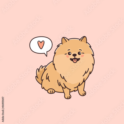 Cute Pomeranian spitz dog with speech bubble and heart. Funny pet. Small puppy of Pom breed, canine animal smiling. Zwergspitz. Vector illustration.