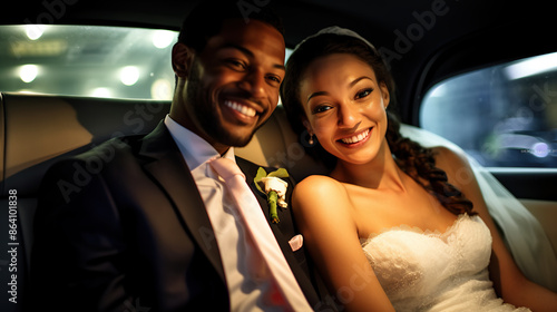 generated illustration happy newlyweds of beautiful bride woman in car for wedding black couple