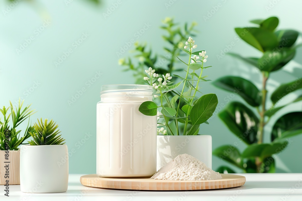 Minimalistic composition of a protein powder jar placed on a wooden board with green plants in the background, highlighting a natural theme. Minimalistic composition of a protein powder jar placed on a wooden board with green plants in the background, highlighting a natural theme.