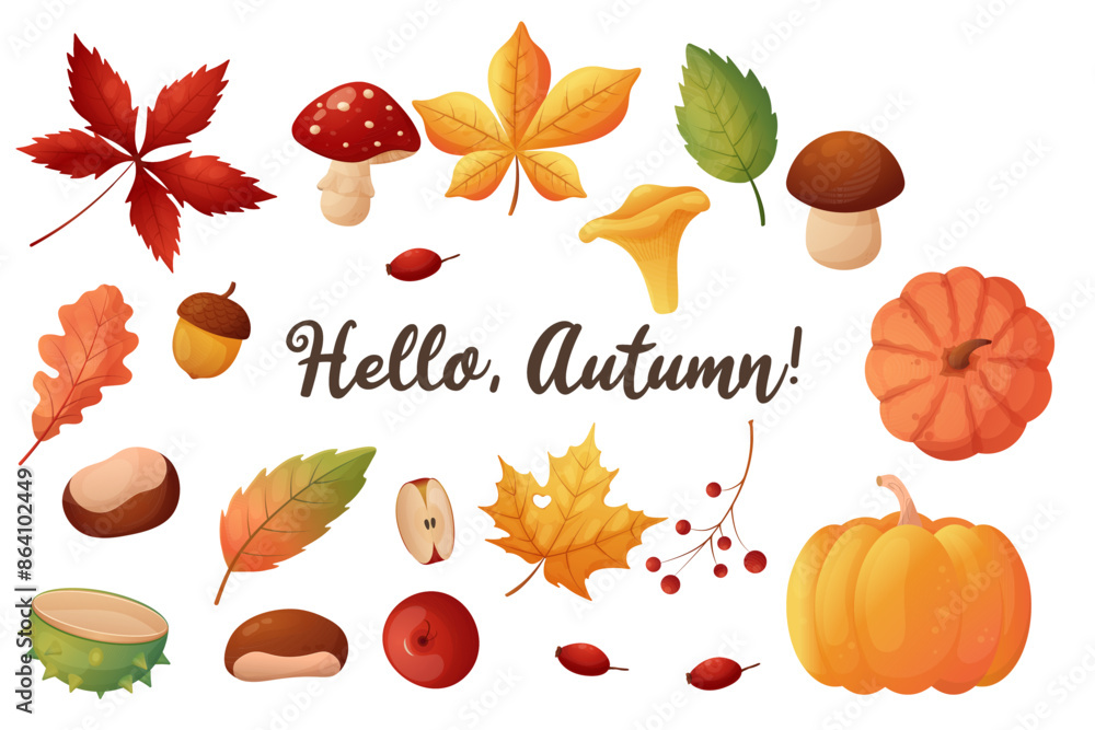 A set of autumn elements. Leaves, mushrooms, chestnuts and pumpkins. Isolated on a white background. A set of autumn elements. Leaves, mushrooms, chestnuts and pumpkins. Isolated on a white background.