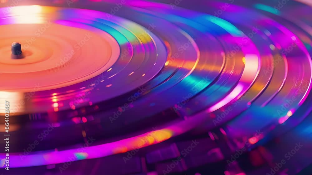 A close look at a holographic vinyl record with each groove revealing a mesmerizing swirl of iridescent colors and patterns. A close look at a holographic vinyl record with each groove revealing a mesmerizing swirl of iridescent colors and patterns.