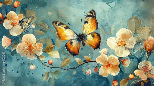 Fototapeta Naklejka Na Ścianę i Meble -  Colorful vintage illustration of butterflies and flowers in watercolor style