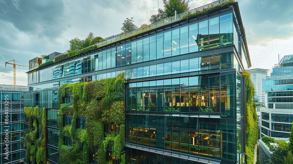 A modern office building with a rooftop garden and vertical green walls in an urban setting A modern office building with a rooftop garden and vertical green walls in an urban setting