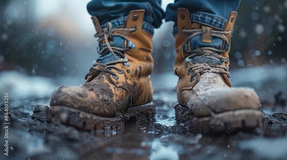 Mud-covered hiking boots in a wet and rainy environment Mud-covered hiking boots in a wet and rainy environment