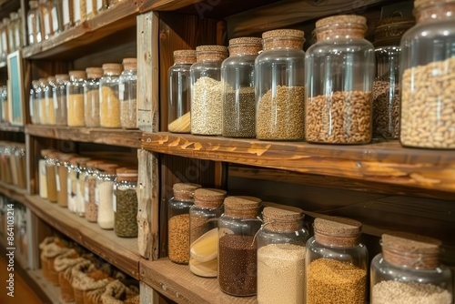 diverse seed library rustic wooden shelves labeled glass jars variety of rice grains cultural artifacts warm ambient lighting agricultural heritage showcase © furyon