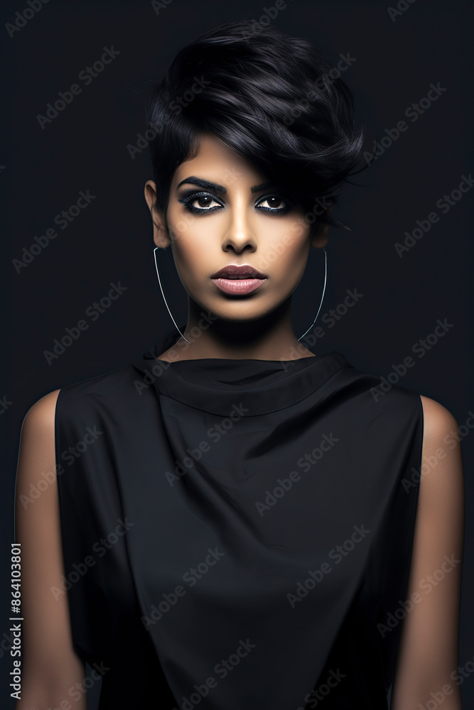 Confident woman with short black hair and hoop earrings in a black outfit. Studio portrait. Fashion and elegance concept Confident woman with short black hair and hoop earrings in a black outfit. Studio portrait. Fashion and elegance concept